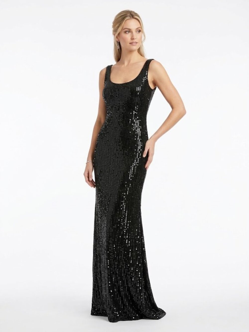 Nouveau Evening Collection Black Sequin Scoop Neck Maxi Gown